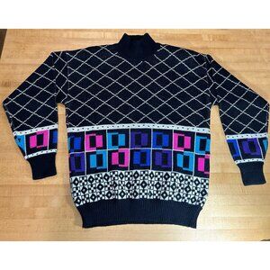 VTG Retro 1980's Ossi Knit Ski Sweater Bold Multi-Color Shoulder Pads Wool Blend